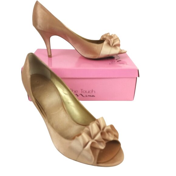 The Touch of Nina Gold Satin Peep Toe Ruffle High Heel Pumps - Picture 1 of 15